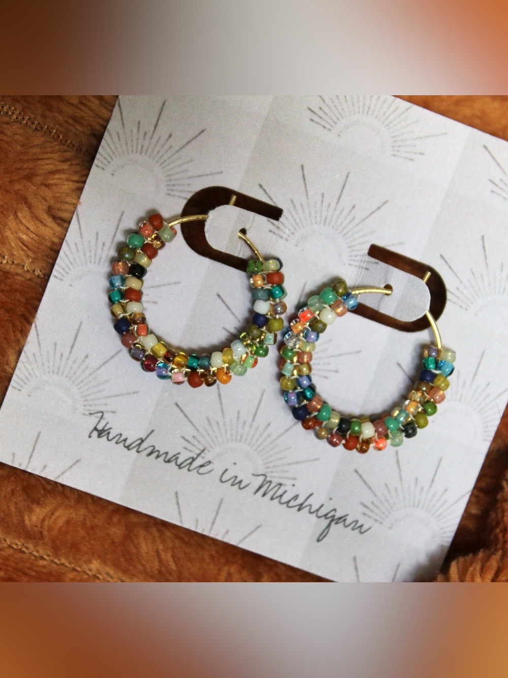 Multicolor Seed Bead Hoop Earrings on Gold Tone Hoops